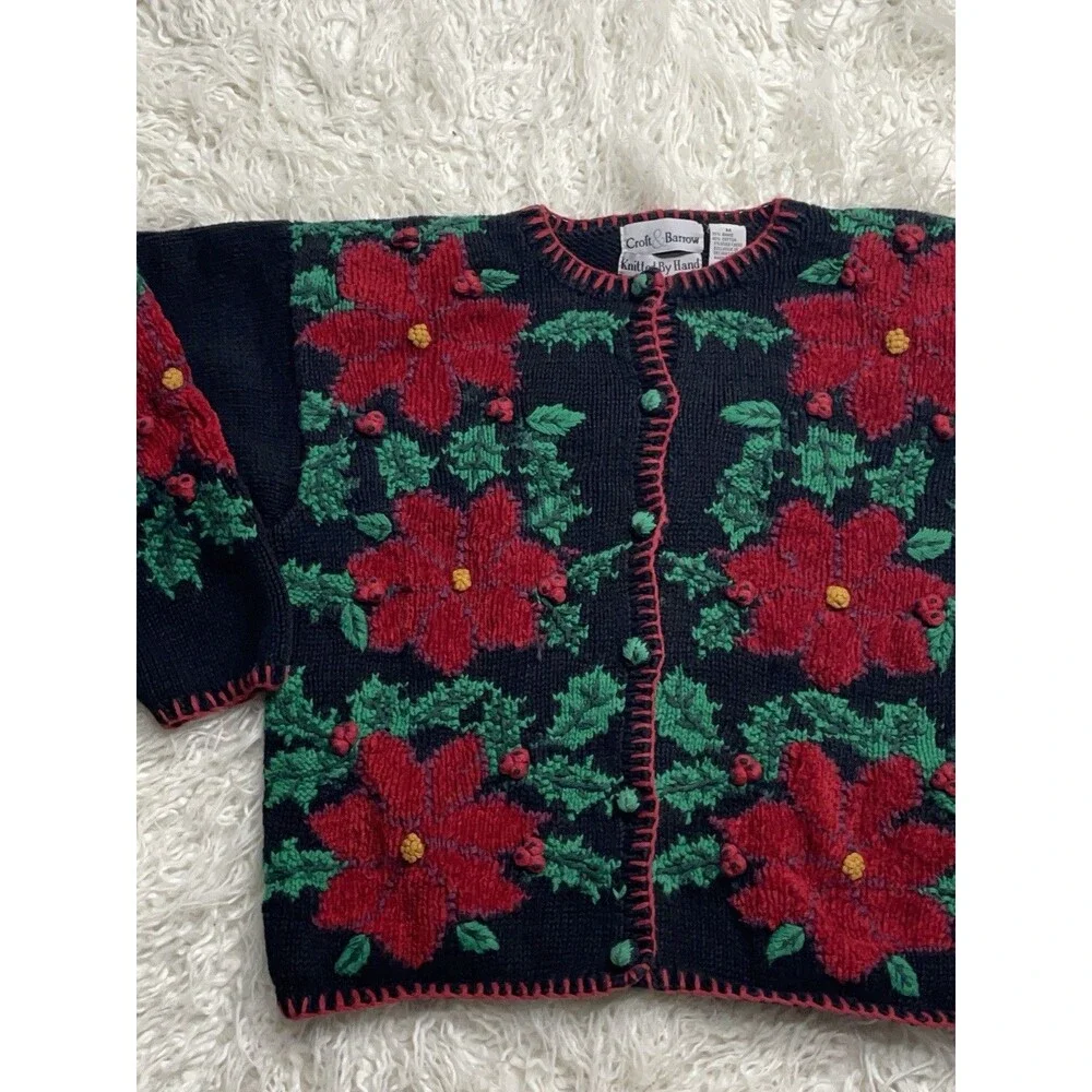 Vintage Croft And Barrow Poinsettia Cardigan Sweater Black Red And Green Size M